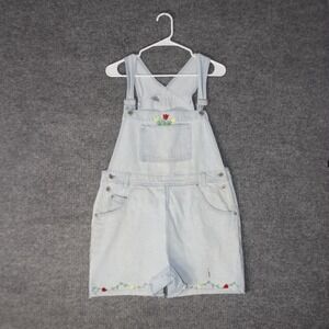 Vintage Femme Fatale Denim Shortalls Womens L Light Blue Floral Embroidered 90s